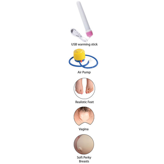Collage of images showcase features of the doll including a USB warming stick, air pump, realistic feet, a vagina, and soft, perky breasts. | Kinkly Shop
