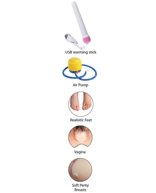 Collage of images showcase features of the doll including a USB warming stick, air pump, realistic feet, a vagina, and soft, perky breasts. | Kinkly Shop