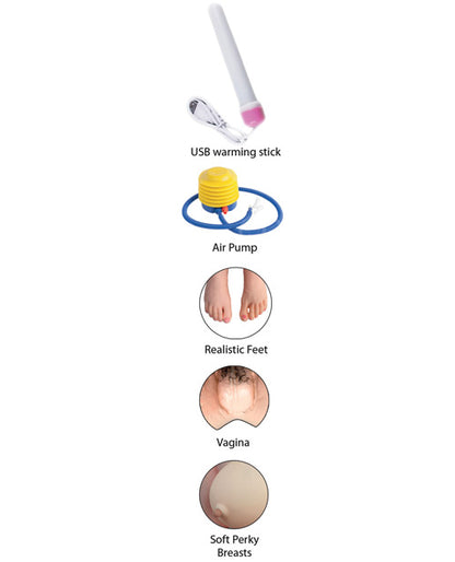 Collage of images showcase features of the doll including a USB warming stick, air pump, realistic feet, a vagina, and soft, perky breasts. | Kinkly Shop