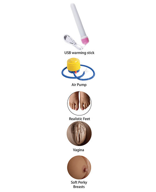 Collage of images showcase features of the Fuck Friends Inflatable Doll - Rosita Suave including a USB warming stick, air pump, realistic feet, vagina, and soft perky breasts. | Kinkly Shop
