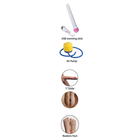 Collage of images for the features of the Fuck Friends Inflatable Doll - Rico Suave including a USB warming stick, air pump, 7" dildo, anal entrance, and realistic feet. | Kinkly Shop