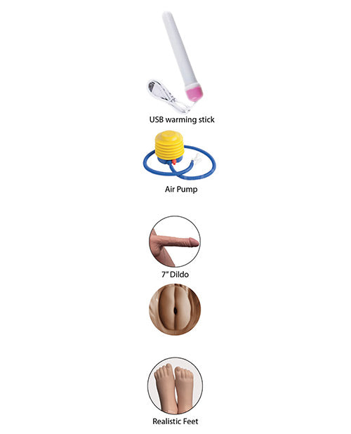 Collage of images for the features of the Fuck Friends Inflatable Doll - Rico Suave including a USB warming stick, air pump, 7" dildo, anal entrance, and realistic feet. | Kinkly Shop