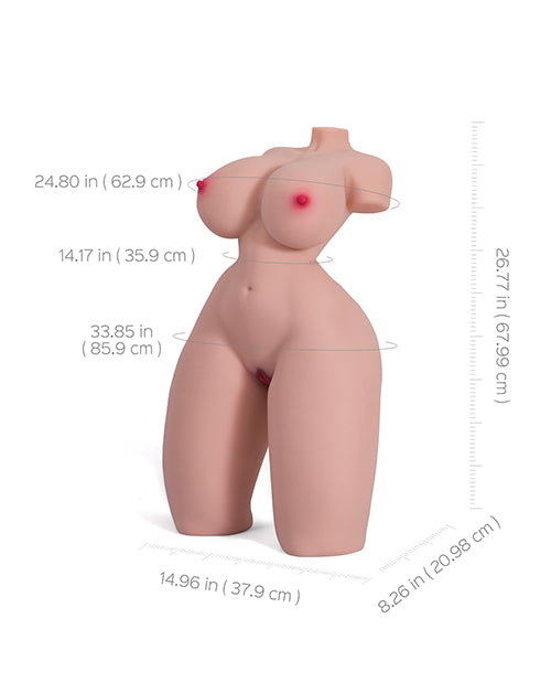 The Mara Realistic Torso with the measurements for the sex doll superimposed overtop of the various parts of it. All of the measurements are listed within the product text itself. | Kinkly Shop
