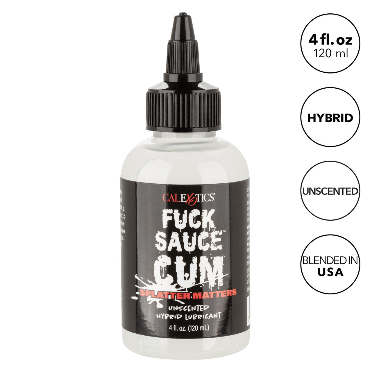 Photo of the Fuck Sauce Cum Unscented Hybrid - 4oz next to multiple features of the bottle including Hybrid, 120ml, Unscented, and Blended in USA | Kinkly Shop