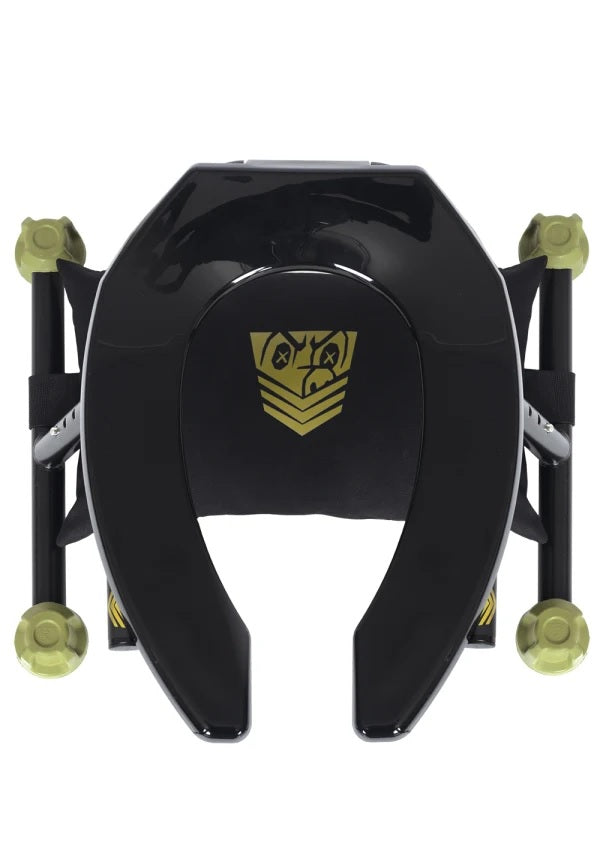 Top-down view to showcase what the person's face will look like while they're laying their head on the included Fort Troff Trench Rider pillow underneath the rimming chair | Kinkly Shop