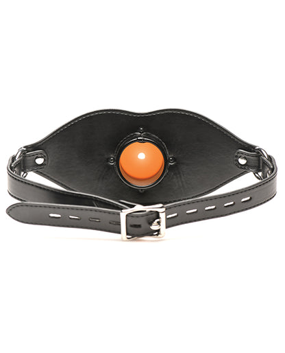 Close-up of the wearer's side of the Master Series Ass Face. This showcases the wide, open cylinder that the wearer's mouth stretches around as well as the optional locking buckle if desired. | Kinkly Shop