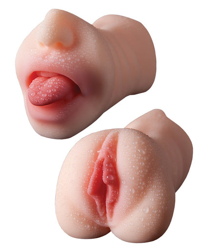 Two Man Eater strokers shown. One is showing the oral end while the other is showing the vulva end. | Kinkly Shop
