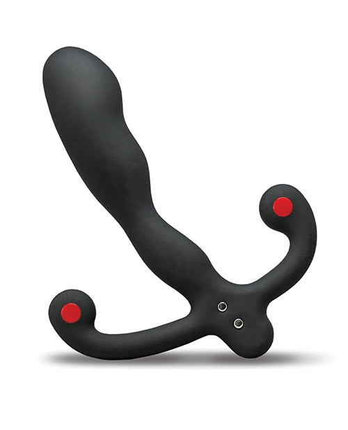 Backside of the Aneros Vibrating Helix Syn V showcases the two metal prongs at the base where the rechargeable plug attaches onto the toy to charge it. | Kinkly Shop