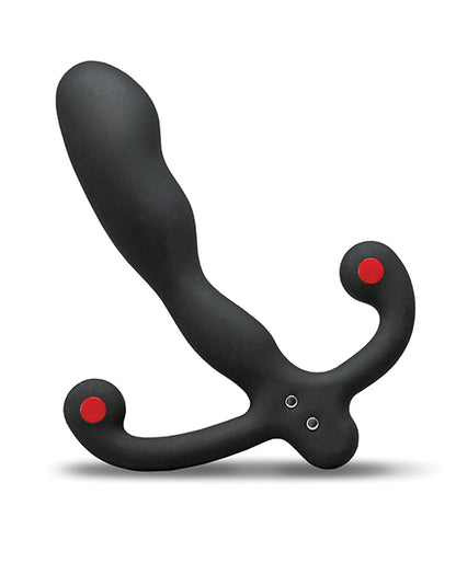 Backside of the Aneros Vibrating Helix Syn V showcases the two metal prongs at the base where the rechargeable plug attaches onto the toy to charge it. | Kinkly Shop