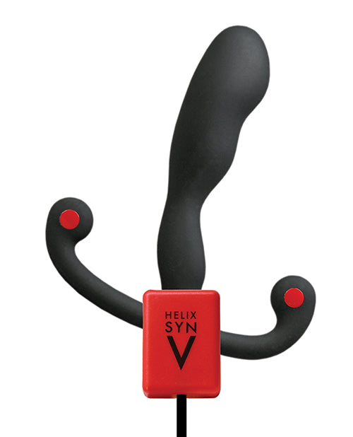 The Aneros Vibrating Helix Syn V shown with the charging cable attached to it. | Kinkly Shop