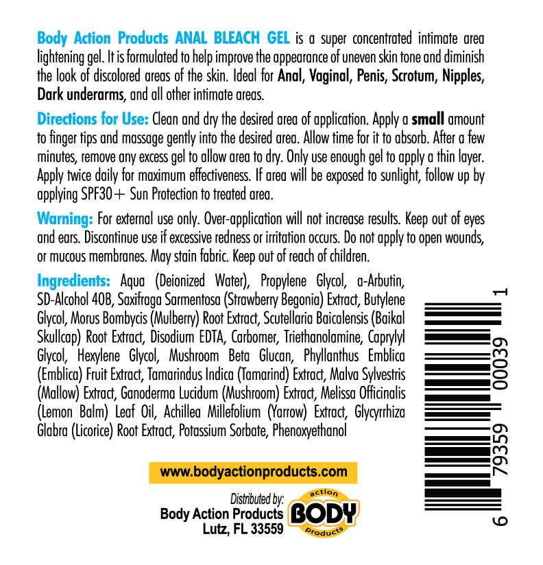 Flat image shows the design and information included on the backside of the Anal Bleach Gel - 1 Oz Bottle | Kinkly Shop
