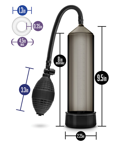 The Blush Performance VX101 shown next to the measurements of all of the parts. The air pump is 3.3" in length. The cock ring has a resting 1.3" outer diameter with a maximum stretch out to 4.5". The ring itself has a width of 0.35" in material. | Kinkly Shop