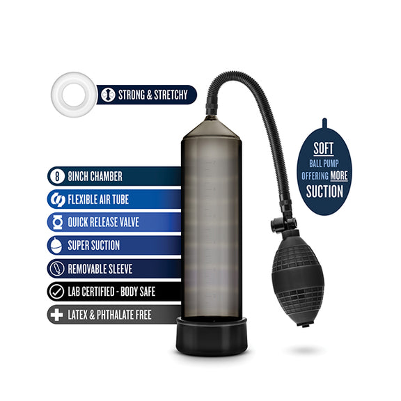 The Blush Performance VX101 shown next to a list of features listed in text. Text includes: "8 inch chamber. Flexible air tube. Quick release valve. Super suction. Removable sleeve. Lab certified body-safe. Latex and phthalate-free. Soft ball pump offering more suction. Strong and stretchy cock ring." | Kinkly Shop