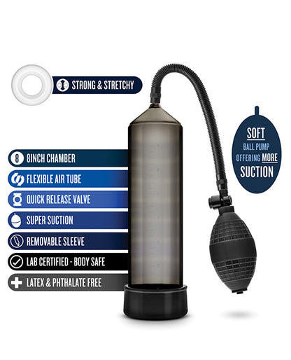 The Blush Performance VX101 shown next to a list of features listed in text. Text includes: "8 inch chamber. Flexible air tube. Quick release valve. Super suction. Removable sleeve. Lab certified body-safe. Latex and phthalate-free. Soft ball pump offering more suction. Strong and stretchy cock ring." | Kinkly Shop