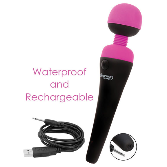 The Palm Power Rechargeable shown next to the charging cable but unplugged from it. Text on the image reads: "Waterproof and rechargeable" | Kinkly Shop