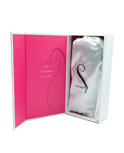 Packaging for The Swan vibrator. The toy is tucked snugly away in a white drawstring storage bag for storage. | Kinkly Shop