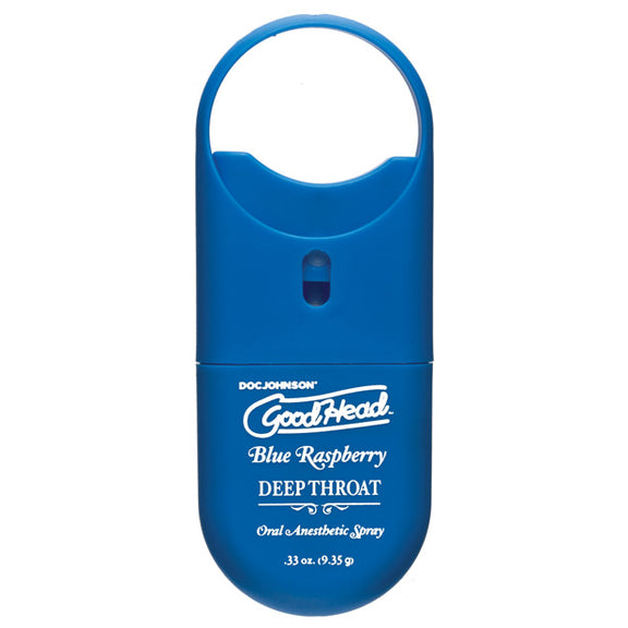 Goodhead to Go - Deep Throat Spray in Blue Raspberry. The container is a small oval with a loop on it for easy hanging and gripping. | Kinkly Shop
