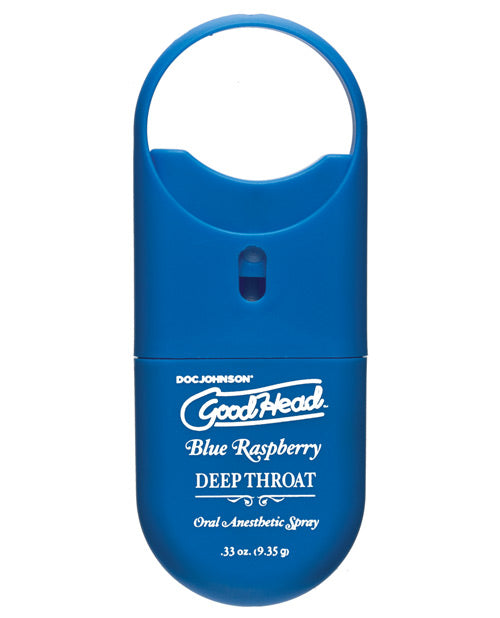 Goodhead to Go - Deep Throat Spray in Blue Raspberry. The container is a small oval with a loop on it for easy hanging and gripping. | Kinkly Shop