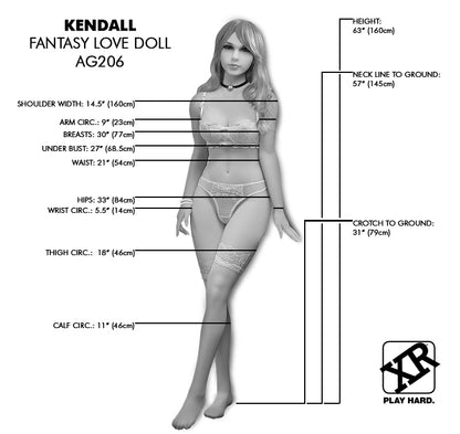 Black and white image of the Kendall Love Doll with all of the measurements of the doll superimposed over the doll's image. All measurements are found in the text description of the sex doll. | Kinkly Shop