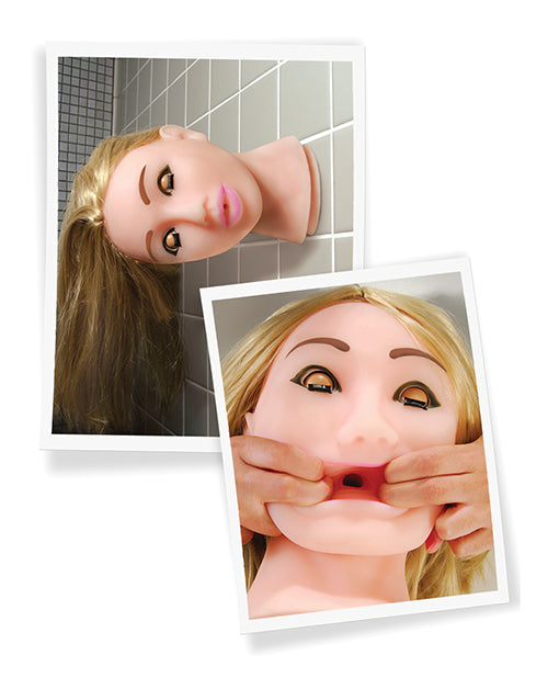 Two images in a collage showing features of the Pipedream Fuck My Face doll. One shows the dildo stuck on the shower wall with the doll's suction cup and the other shows how wide the mouth can stretch as well as the closed eyeballs. | Kinkly Shop