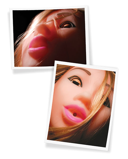 Collage of two images shows a close-up of the realistic lips of the sex doll as well as the realistic hair. | Kinkly Shop