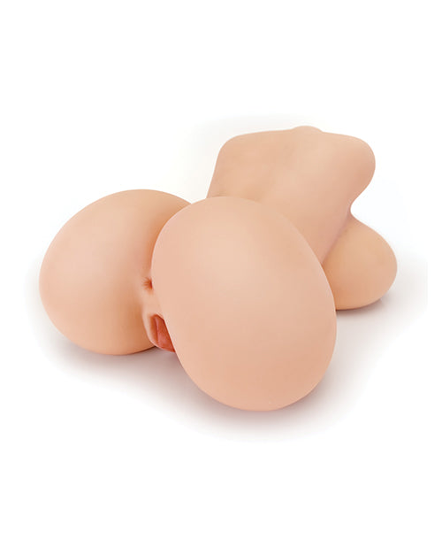 The Big Titty Torso laying on its stomach with the camera in a close-up on the anus and vulva. The doll has a curvy bum and very large, realistic breasts that hang realistically onto the floor underneath the doll. | Kinkly Shop