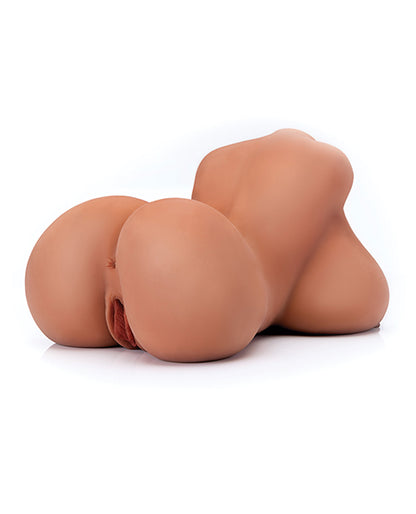 The Big Titty Torso laying on its stomach with the camera in a close-up on the anus and vulva. The doll has a curvy bum and very large, realistic breasts that hang realistically onto the floor underneath the doll. | Kinkly Shop