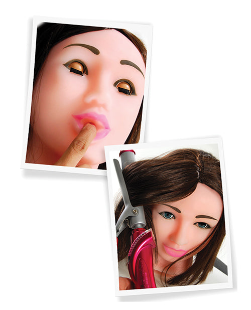 Collage of images shows features of the Pipedream Fuck My Face doll. One shows a person sliding their finger into the doll's mouth and the other shows a curling iron curling the sex doll's hair. | Kinkly Shop