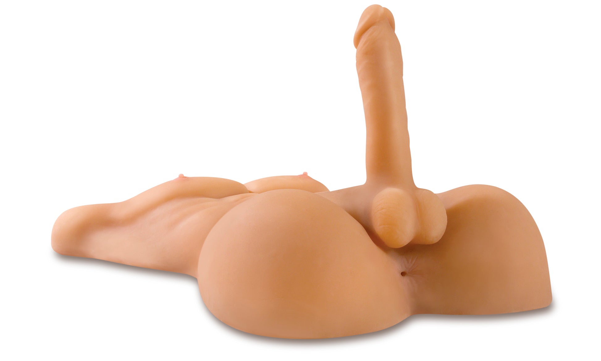 Close-up of the dildo jutting away from the Fuck Me Silly Dude. Underneath the realistic balls is the anus that leads into the penetrating cavern. The doll does not look very tall. | Kinkly Shop