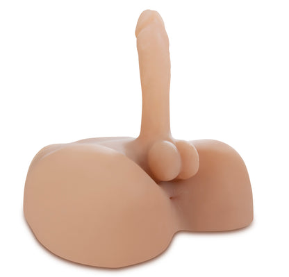 The dildo of the Fuck My Hard Cock protruding upwards away from the sex doll torso. | Kinkly Shop