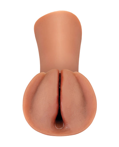 Close-up to the vulva slit on the Slippery Slit that leads into the textured tunnel inside of the Slippery Slit stroker | Kinkly Shop