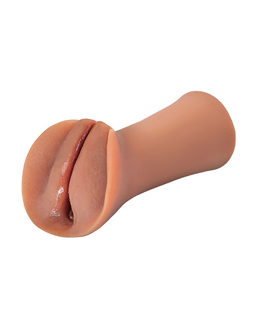 Side view of the Slippery Slit stroker with the slippery wetness coming from inside the stroker, lubing up the vulva lips entrance. | Kinkly Shop