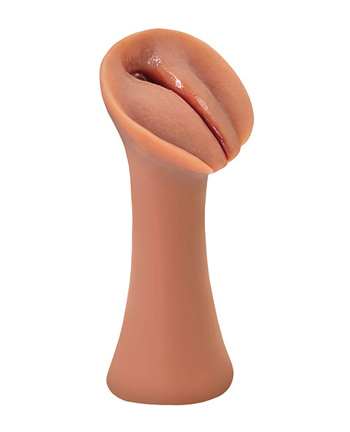 The Slippery Slit sitting upright. The stroker has a wide entrance and a wide tip at the end. In the middle, the stroker gets narrower to make it easier to hold. | Kinkly Shop