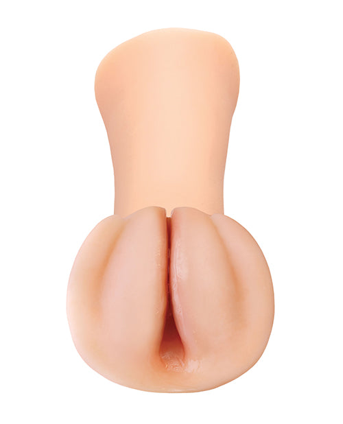 Close-up to the vulva slit on the Slippery Slit that leads into the textured tunnel inside of the Slippery Slit stroker | Kinkly Shop