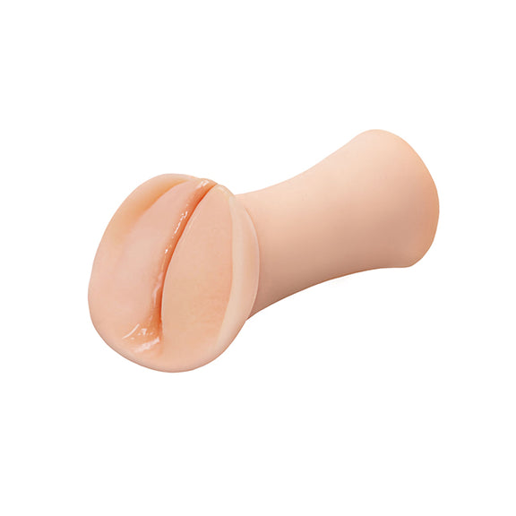 Side view of the Slippery Slit stroker with the slippery wetness coming from inside the stroker, lubing up the vulva lips entrance. | Kinkly Shop