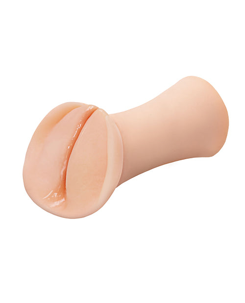Side view of the Slippery Slit stroker with the slippery wetness coming from inside the stroker, lubing up the vulva lips entrance. | Kinkly Shop