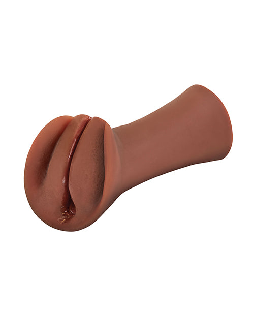 Side view of the Slippery Slit stroker with the slippery wetness coming from inside the stroker, lubing up the vulva lips entrance. | Kinkly Shop