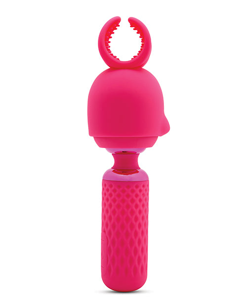 A different angle showcasing what the attachment head looks like on top of the wand massager. There's a U-shaped prong at the top of the attachment as well as a protruding lip at the base of the attachment head. | Kinkly Shop