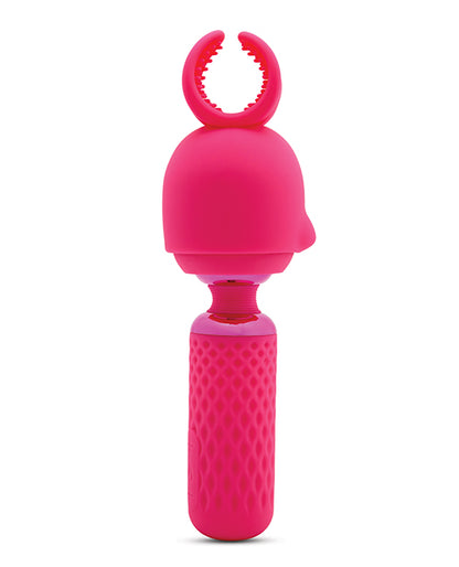 A different angle showcasing what the attachment head looks like on top of the wand massager. There's a U-shaped prong at the top of the attachment as well as a protruding lip at the base of the attachment head. | Kinkly Shop