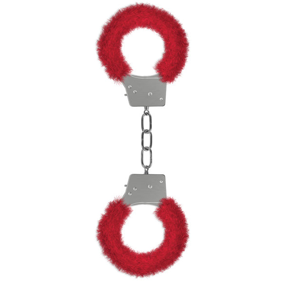 Ouch! Furry Handcuffs in Red against a plain white background | Kinkly Shop