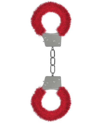 Ouch! Furry Handcuffs in Red against a plain white background | Kinkly Shop