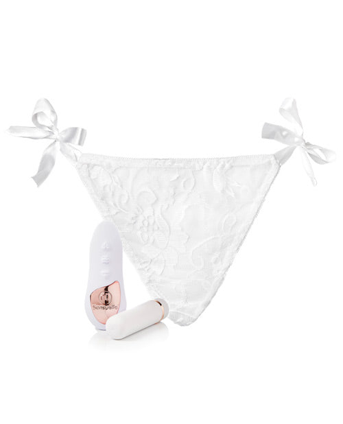 Everything included in the Pleasure Panty Bullet with Remote set. There's the oval-shaped, handheld remote control with its three buttons, the cylindrically-shaped bullet vibrator, and the included panty. On each of the hips of the panty is a ribbon tie that allows you to fully adjust how tight the panty fits. | Kinkly Shop