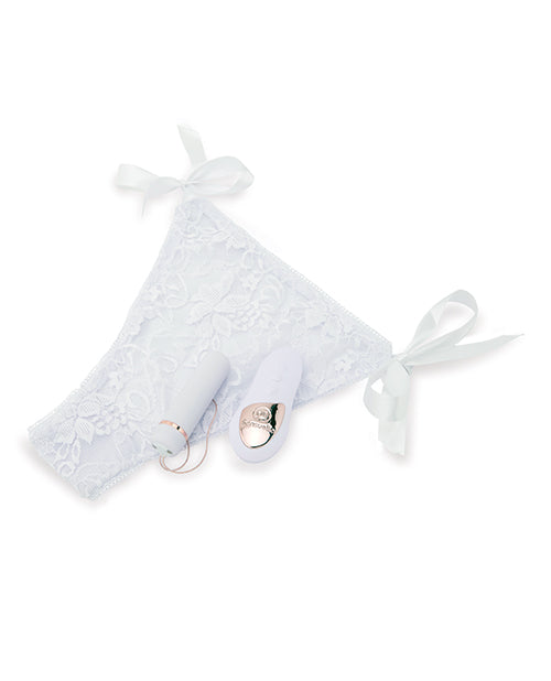 Everything included in the Pleasure Panty Bullet with Remote set. There's the oval-shaped, handheld remote control with its three buttons, the cylindrically-shaped bullet vibrator, and the included panty. On each of the hips of the panty is a ribbon tie that allows you to fully adjust how tight the panty fits. | Kinkly Shop