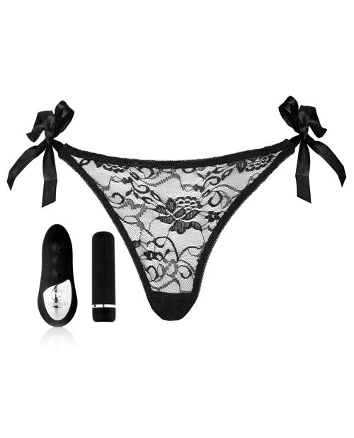 Everything included in the Pleasure Panty Bullet with Remote set. There's the oval-shaped, handheld remote control with its three buttons, the cylindrically-shaped bullet vibrator, and the included panty. On each of the hips of the panty is a ribbon tie that allows you to fully adjust how tight the panty fits. | Kinkly Shop