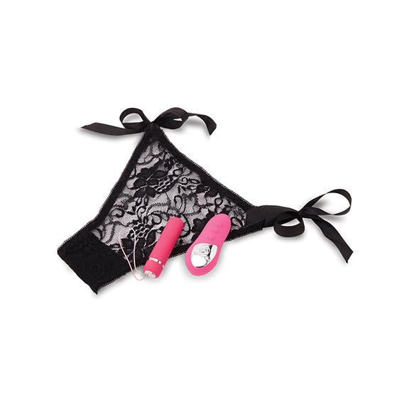 Everything included in the Pleasure Panty Bullet with Remote set. There's the oval-shaped, handheld remote control with its three buttons, the cylindrically-shaped bullet vibrator, and the included panty. On each of the hips of the panty is a ribbon tie that allows you to fully adjust how tight the panty fits. | Kinkly Shop