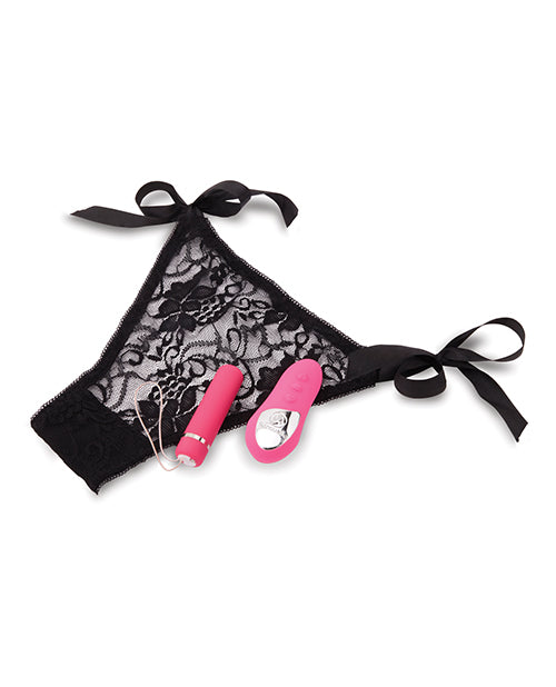 Everything included in the Pleasure Panty Bullet with Remote set. There's the oval-shaped, handheld remote control with its three buttons, the cylindrically-shaped bullet vibrator, and the included panty. On each of the hips of the panty is a ribbon tie that allows you to fully adjust how tight the panty fits. | Kinkly Shop