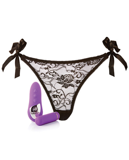 Everything included in the Pleasure Panty Bullet with Remote set. There's the oval-shaped, handheld remote control with its three buttons, the cylindrically-shaped bullet vibrator, and the included panty. On each of the hips of the panty is a ribbon tie that allows you to fully adjust how tight the panty fits. | Kinkly Shop