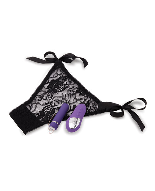 Everything included in the Pleasure Panty Bullet with Remote set. There's the oval-shaped, handheld remote control with its three buttons, the cylindrically-shaped bullet vibrator, and the included panty. On each of the hips of the panty is a ribbon tie that allows you to fully adjust how tight the panty fits. | Kinkly Shop
