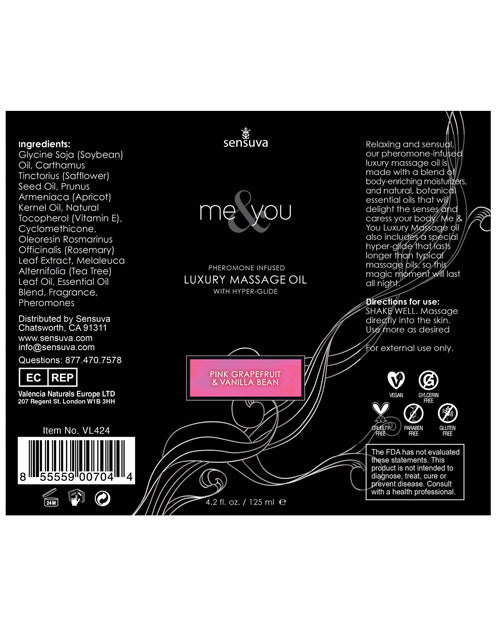 The Sensuva Me & You Massage Oil bottle's label laid flat, making it easier to read. | Kinkly Shop