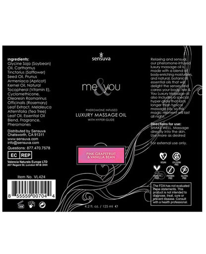 The Sensuva Me & You Massage Oil bottle's label laid flat, making it easier to read. | Kinkly Shop